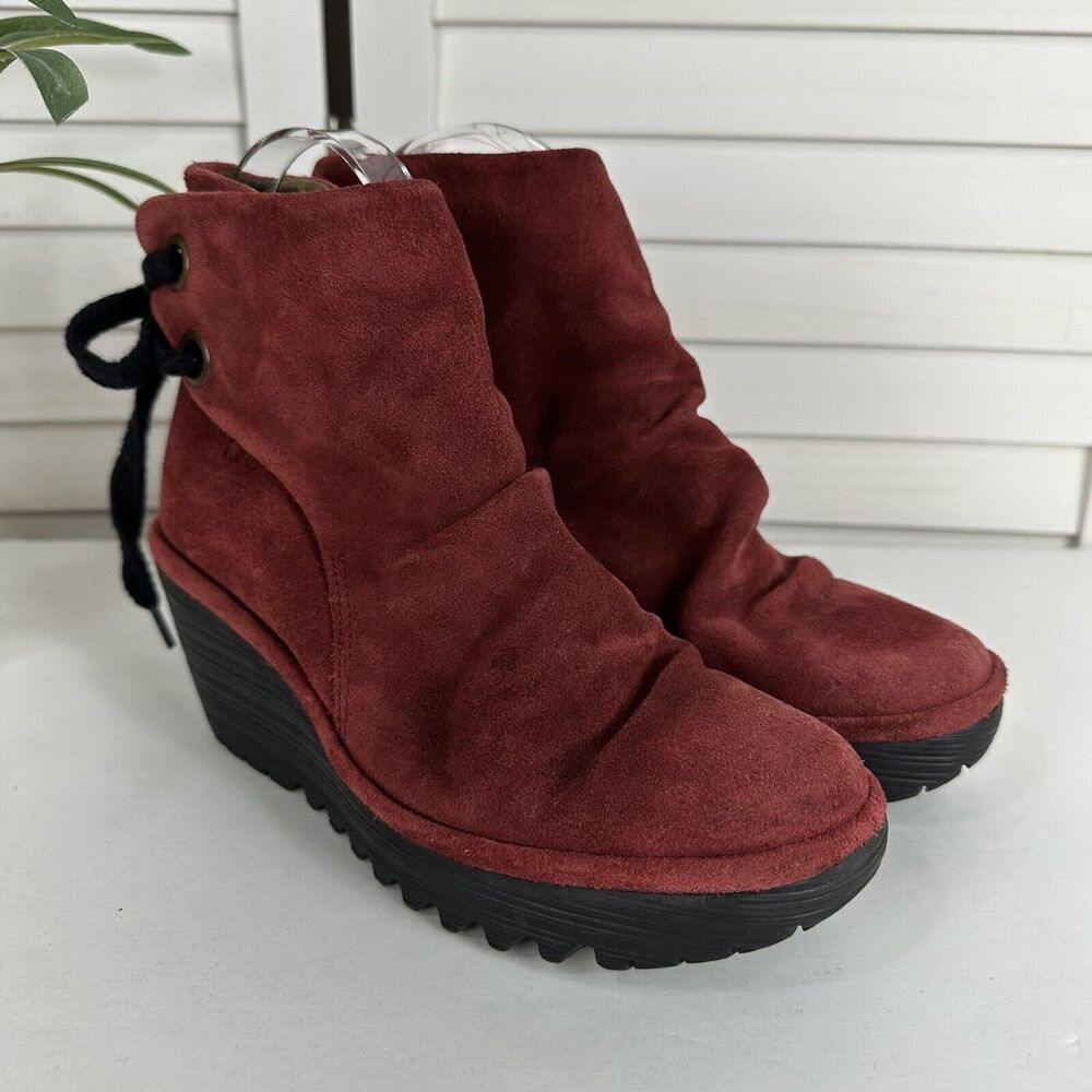 Fly London Yama Boots Burgundy Red Suede Leather‎ Wedge Heel Size EU 36 US 6-6.5 - Picture 2 of 11